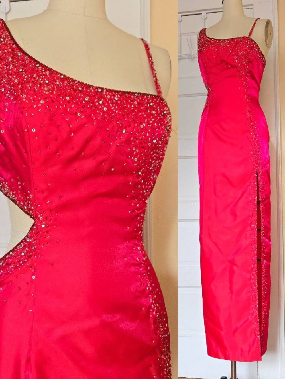 Precious Formals Y2K Beaded asymmetrical cutout dress in reflective pink/red